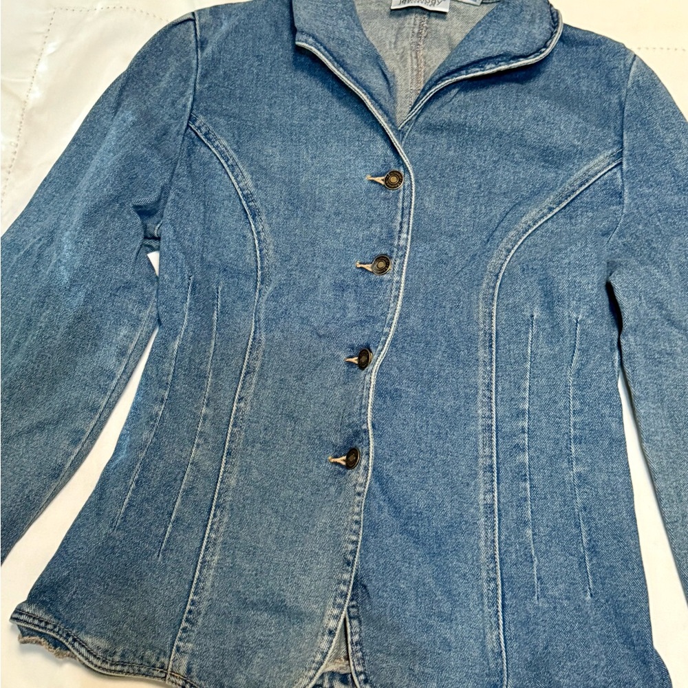 Jeanology Denim Blazer Jacket Sz 8 Fitted Button Front Y2K Retro Western Style